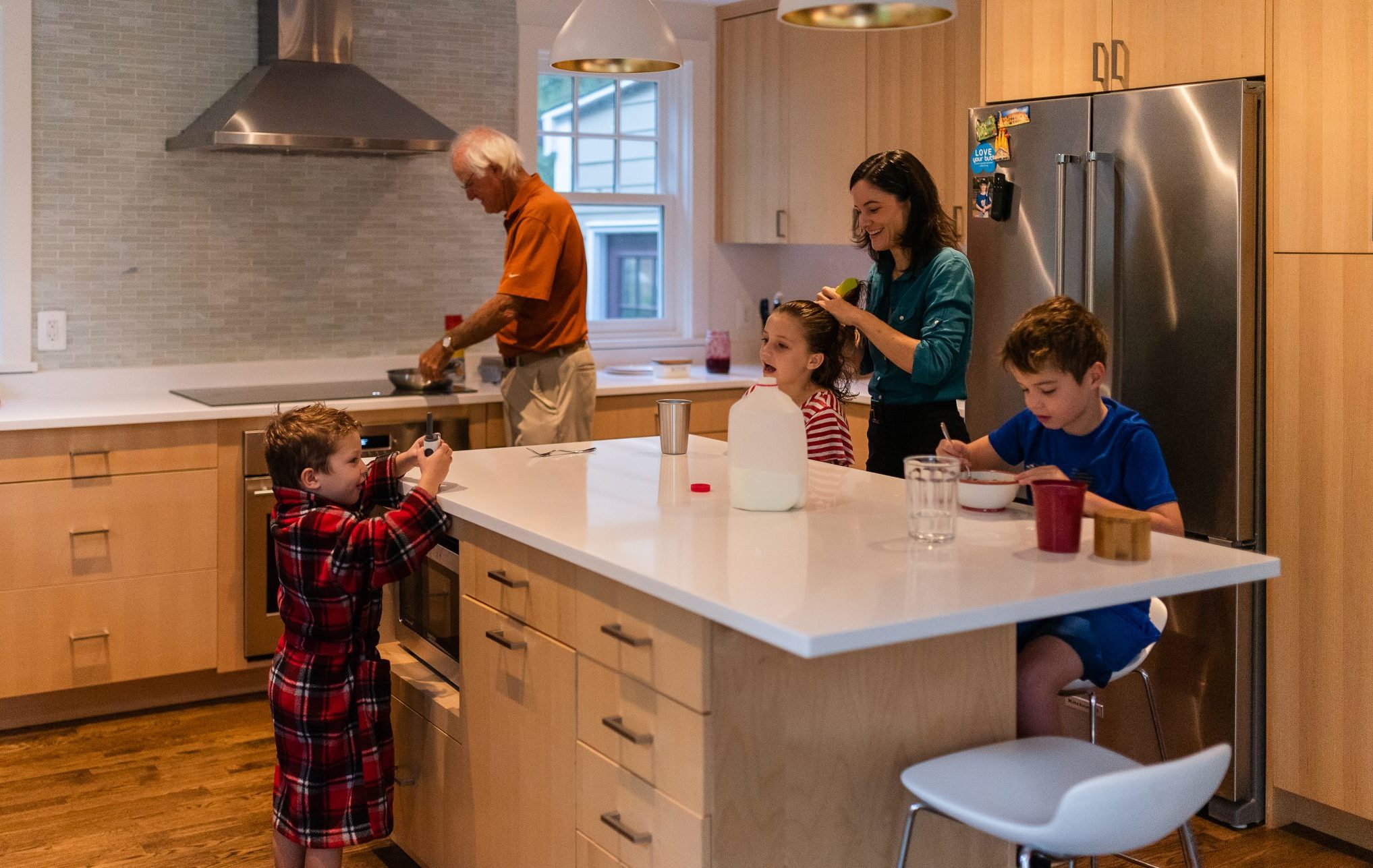 Family of DC widow blog writer Marjorie Brimley gets ready for school in kitchen