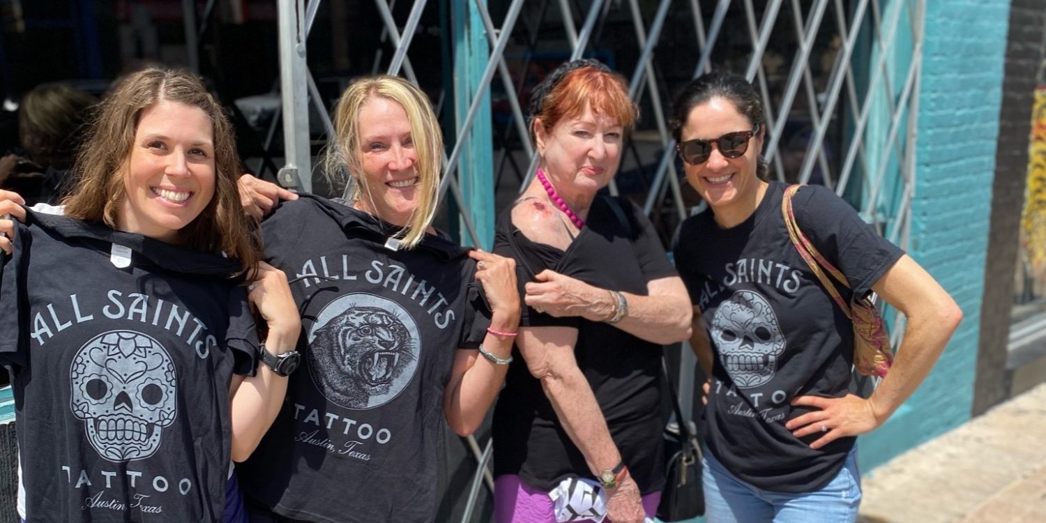 DC widow blog writer Marjorie Brimley with cousins and Aunt Terry outside tattoo parlor