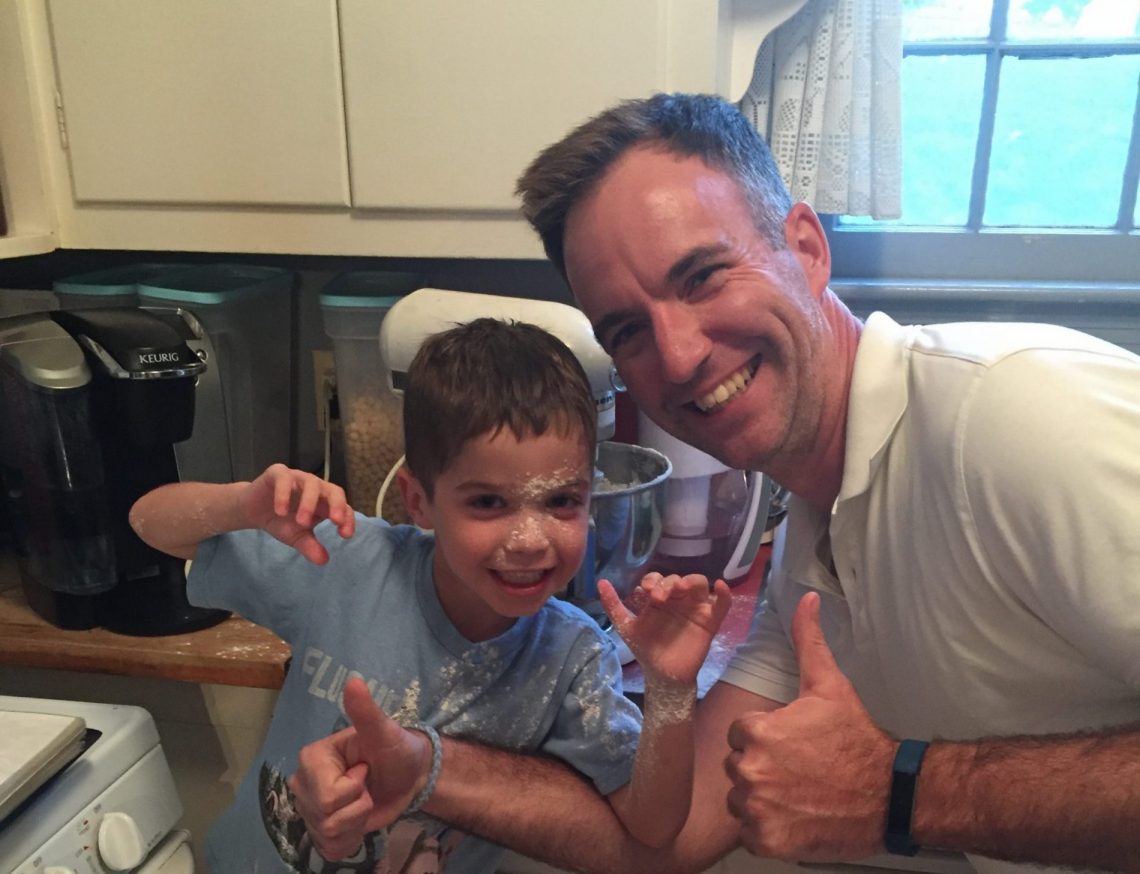 Shawn Brimley and son make cake for birthday on blog by DC widow writer Marjorie Brimley Hale